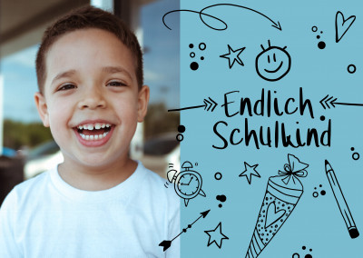 Postkarte Spruch Endlich Schulkind in blau
