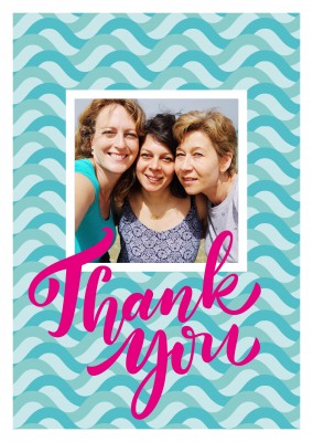 thank you in pink lettering on turquoise wave-pattern