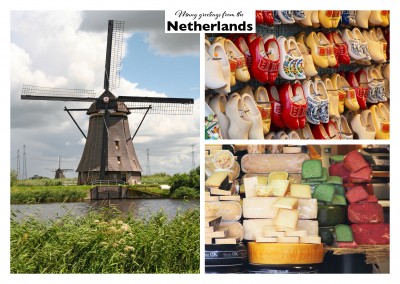 Netherland photo collage of a windmill, wood shoes and dutch cheese