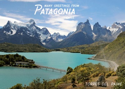 Postcard Patagonia with photo of torres del paine