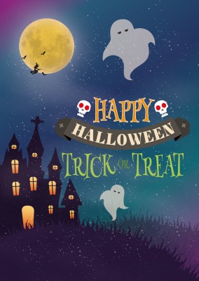 Happy Halloweenkarte mit Geistern, Totenkopf, Spuckhaus und dem Spruch Trick or treat