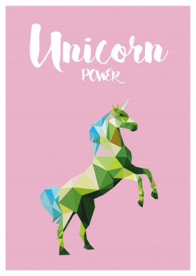 Unicorn illustration in green on pink background, unicorn powerâ€“mypostcard