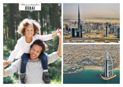 Dubais Businessviertel mit Wolkenkratzern in zwei Fotos