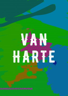 Van Harte! Carte postale avec un univers coloré et artistique d'arrière-plan