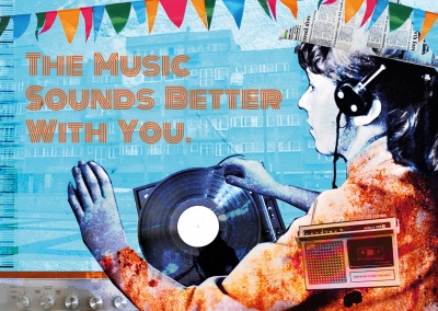 vintage collage postkarte the music sounds better with you